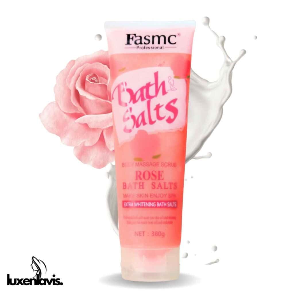 Moisturizing rose bath salts with exfoliating body scrub for glowing, soft skin.
