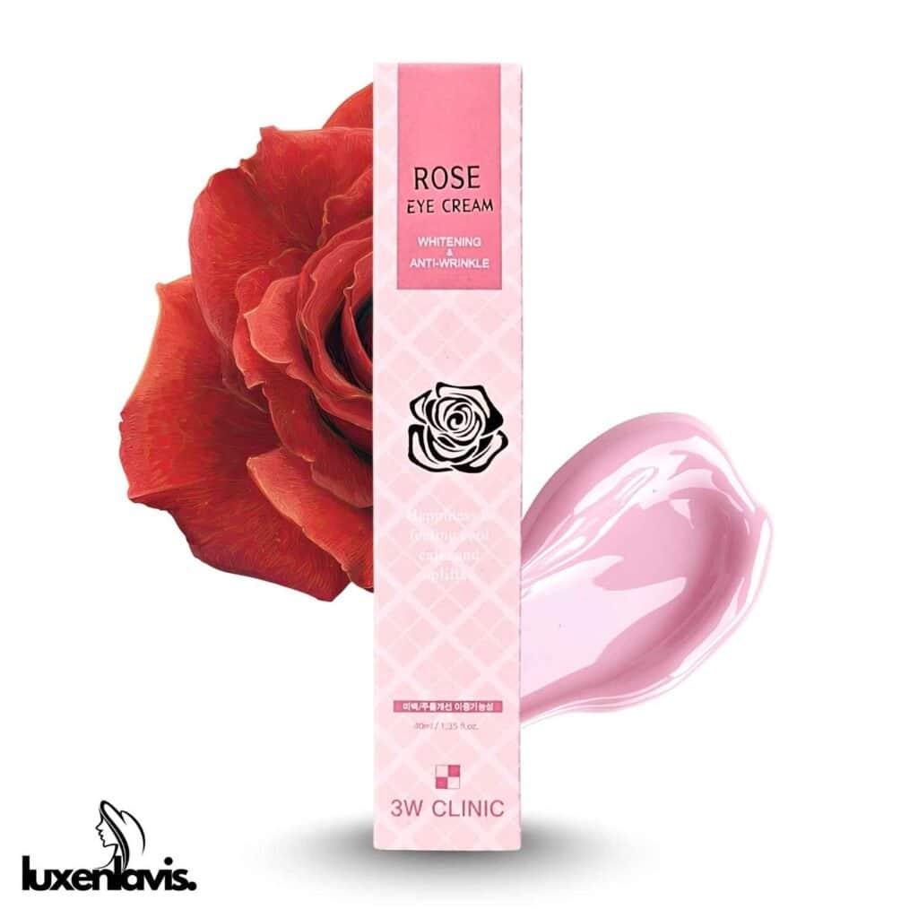 Hydrating rose eye cream with anti-wrinkle and whitening properties for youthful skin.