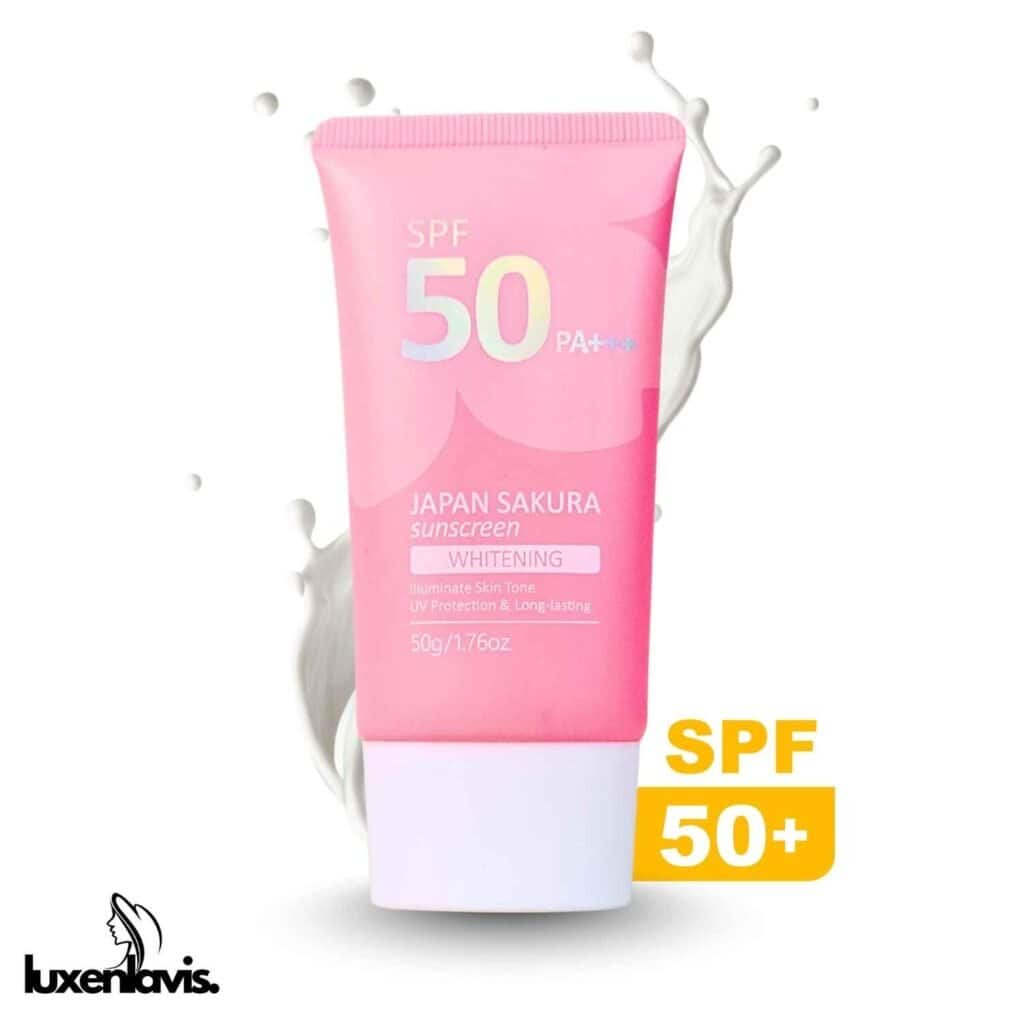 Bright pink Japanese Sakura sunscreen with SPF 50+ for radiant, protected skin.