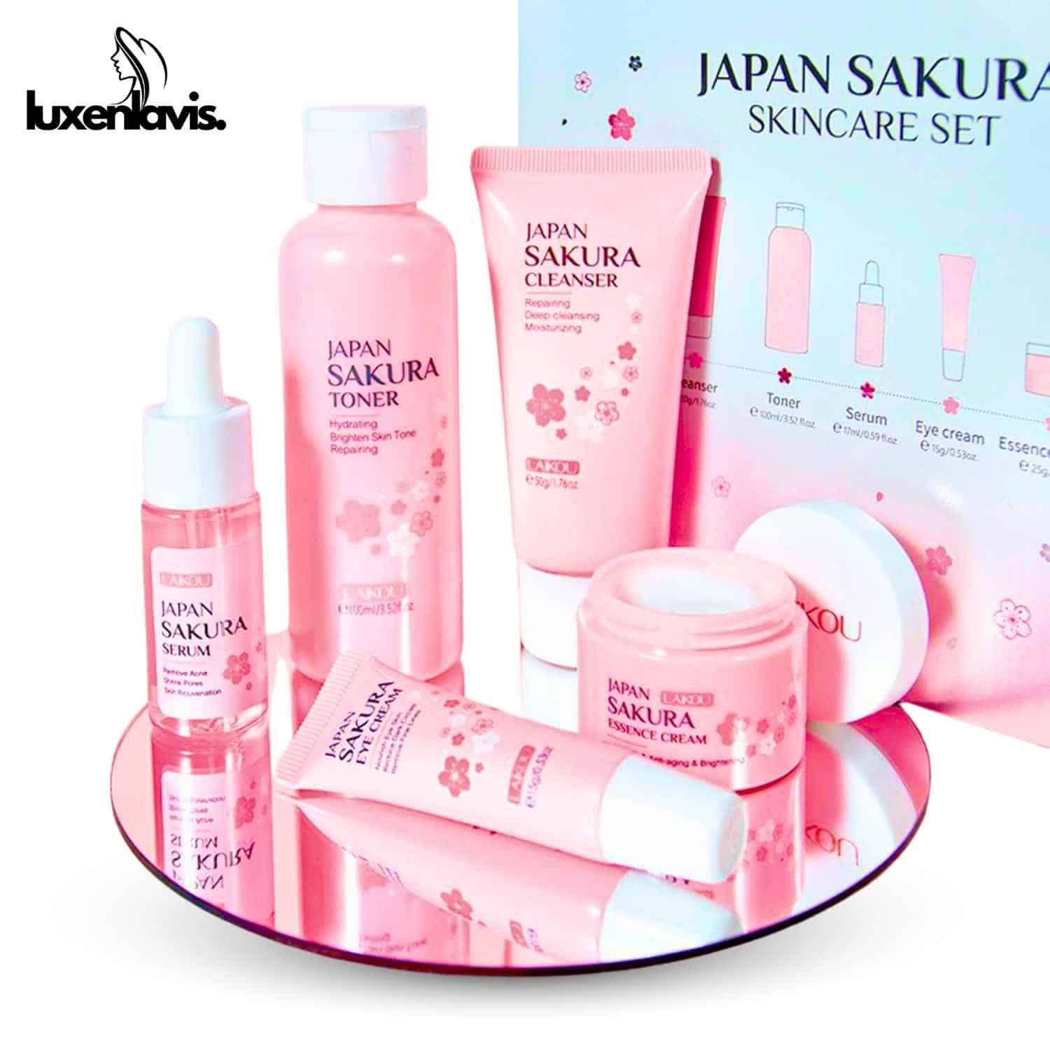 Hydrating Japan Sakura skincare set for glowing, youthful skin, includes toner, serum, cream, and cleanser.